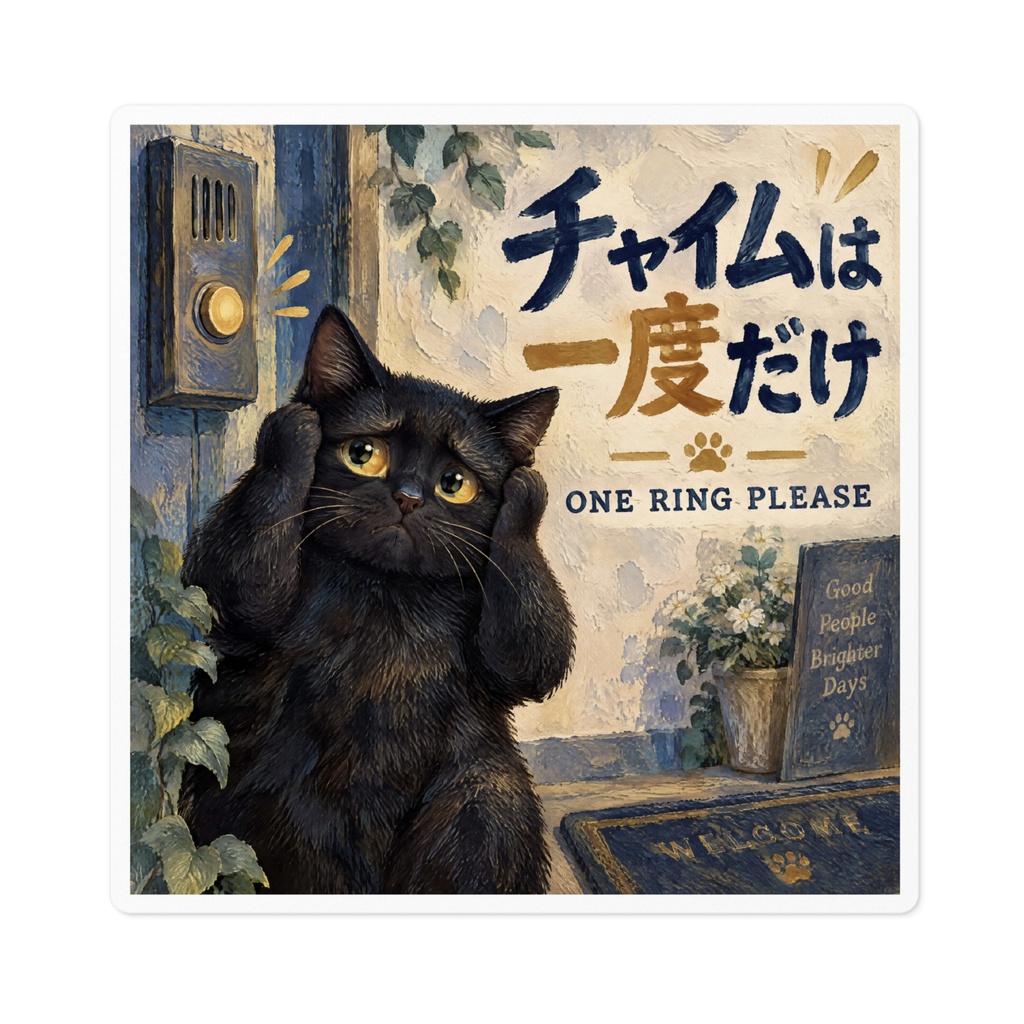 【黒猫 SIGNATURE】チャイムは一度だけ(ONE RING PLEASE) インターホン・玄関用ステッカー