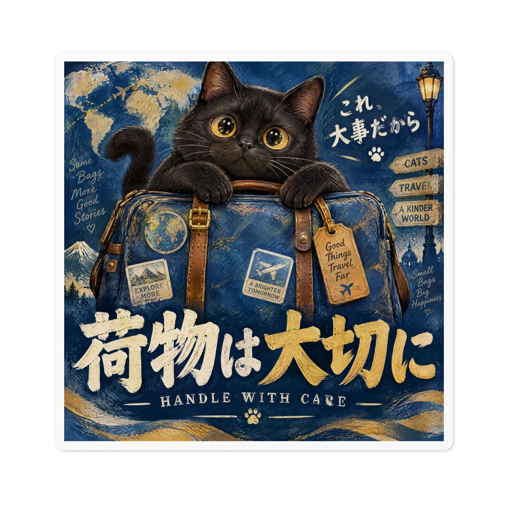 【黒猫 SIGNATURE】荷物は大切に(HANDLE WITH CARE) 取扱注意・スーツケース用ステッカー
