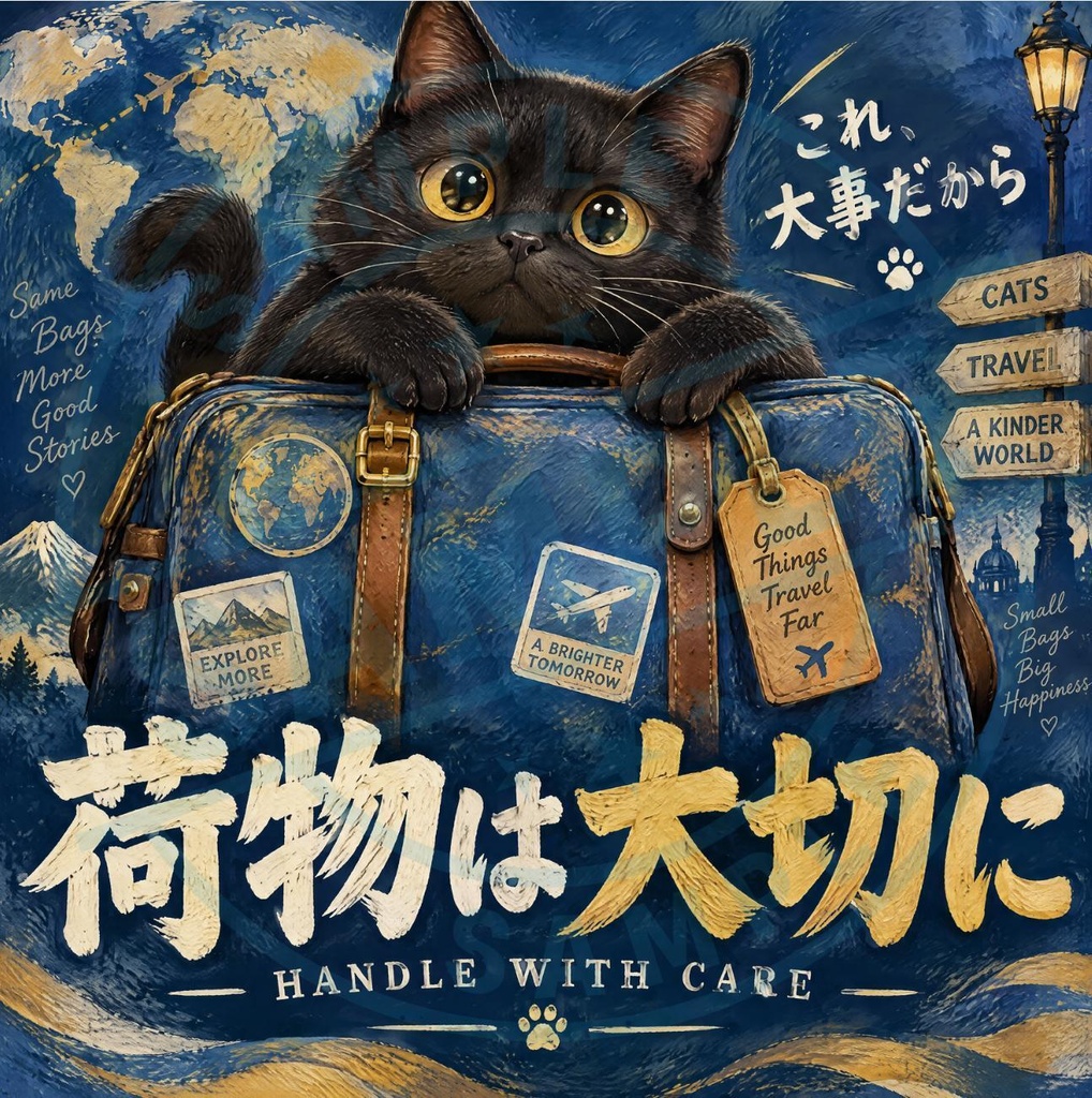 【黒猫 SIGNATURE】荷物は大切に（HANDLE WITH CARE） 取扱注意・スーツケース用ステッカー