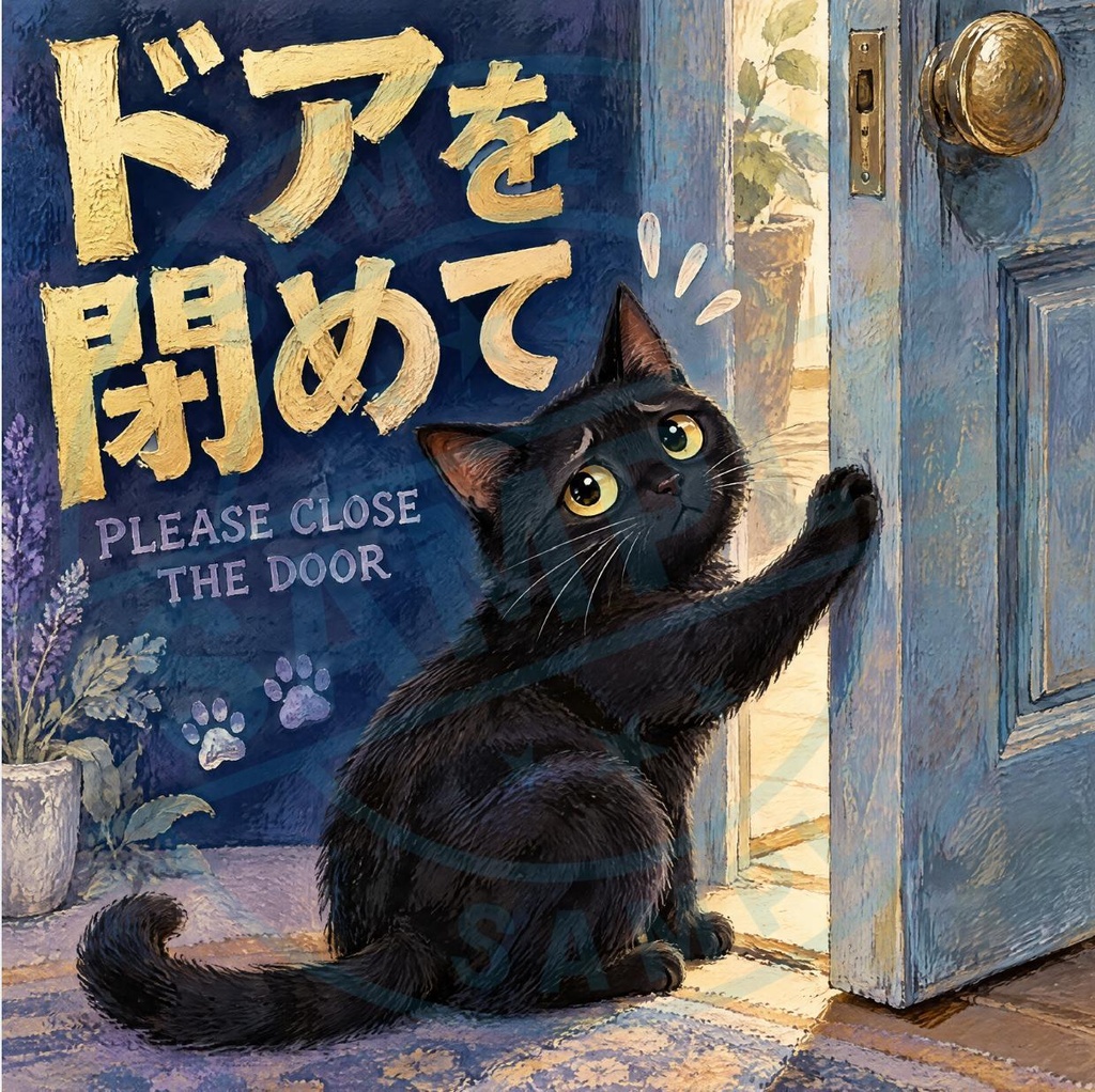 【黒猫 SIGNATURE】ドアを閉めて（PLEASE CLOSE THE DOOR） 室内ドア・開けっ放し防止ステッカー