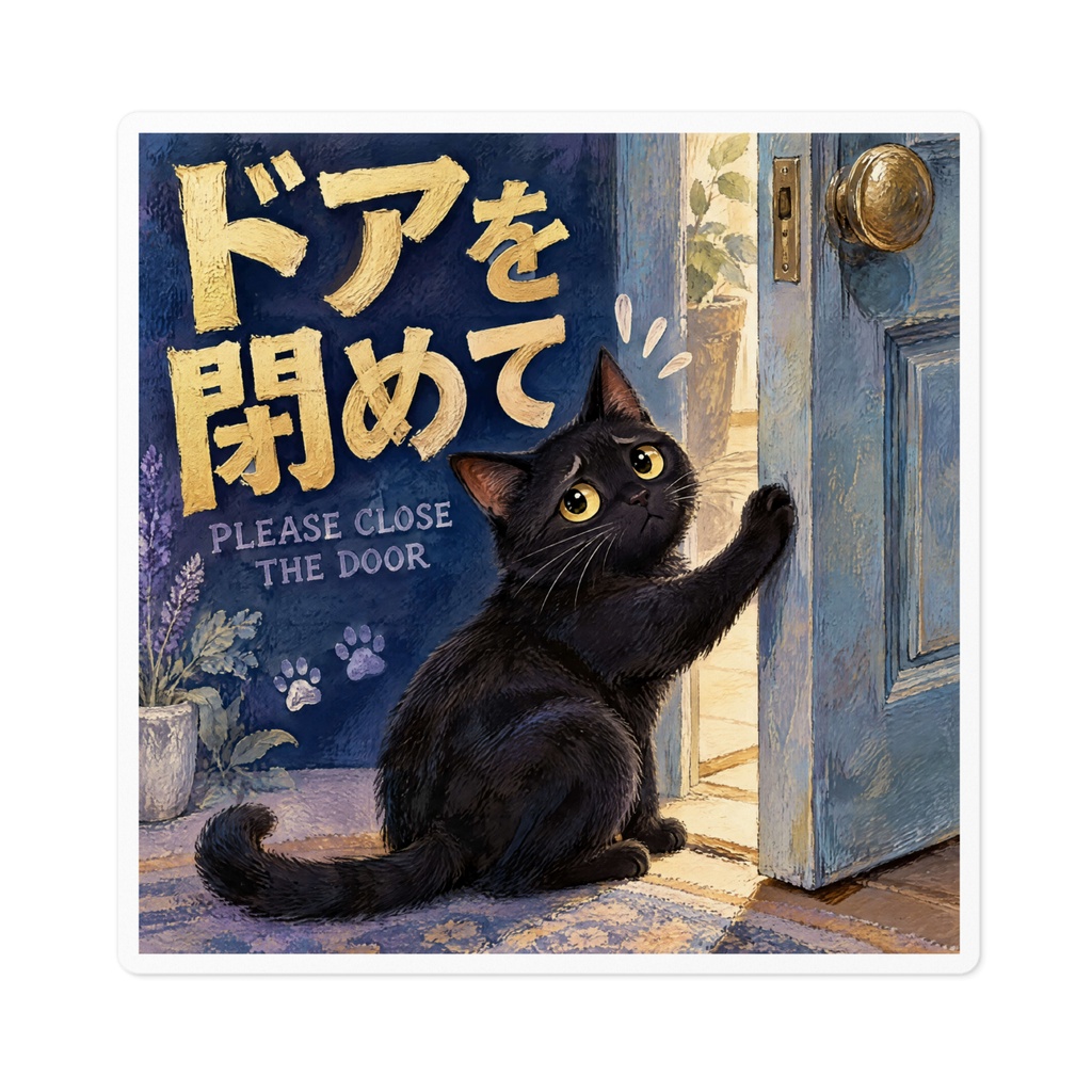 【黒猫 SIGNATURE】ドアを閉めて(PLEASE CLOSE THE DOOR) 室内ドア・開けっ放し防止ステッカー