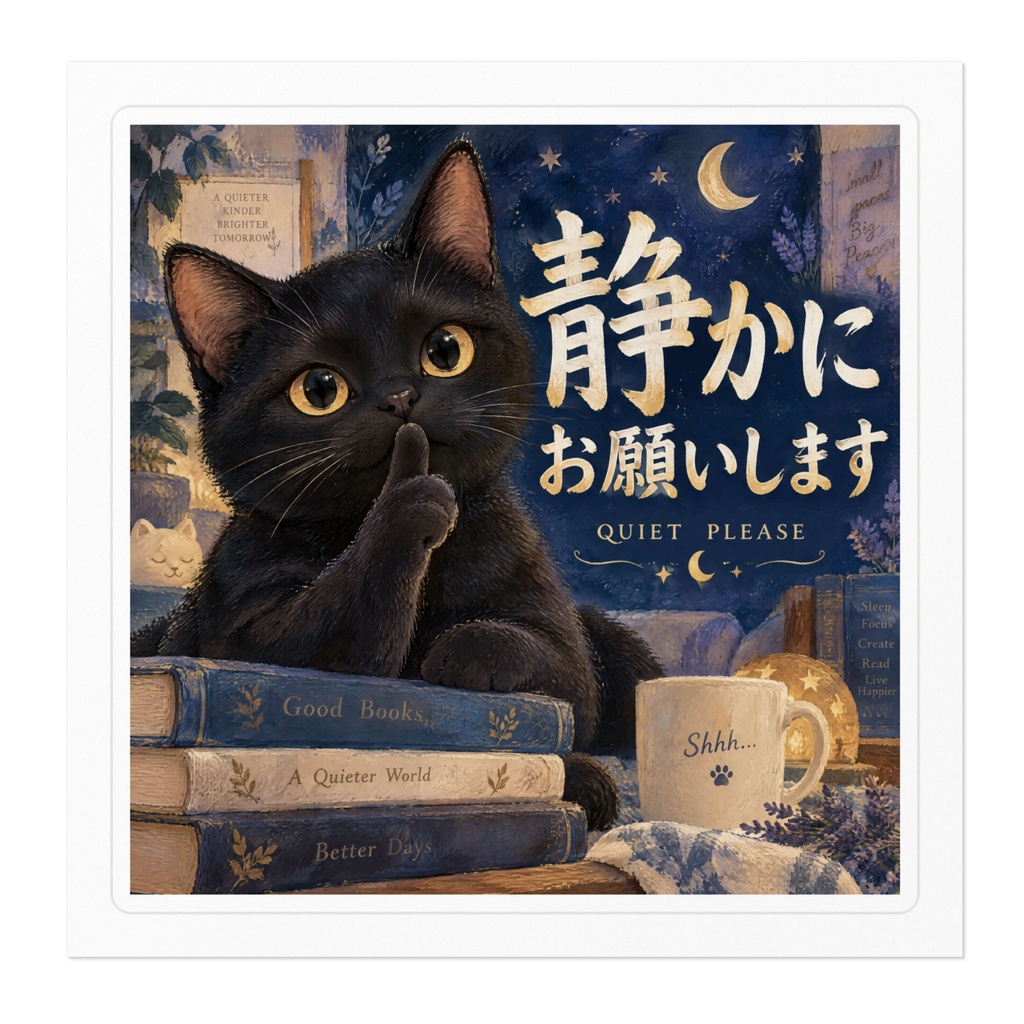 【黒猫 SIGNATURE】静かにお願いします(QUIET PLEASE) 部屋ドア・お静かにマナーステッカー
