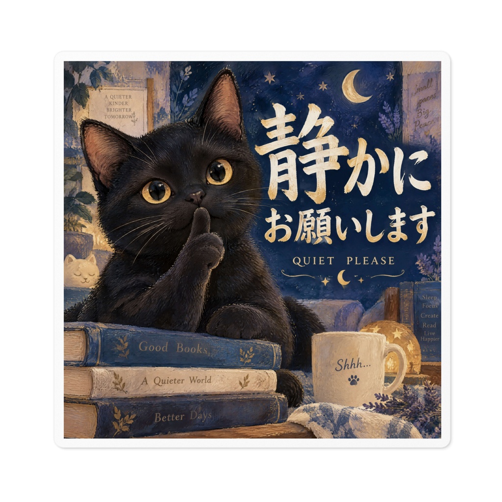【黒猫 SIGNATURE】静かにお願いします(QUIET PLEASE) 部屋ドア・お静かにマナーステッカー