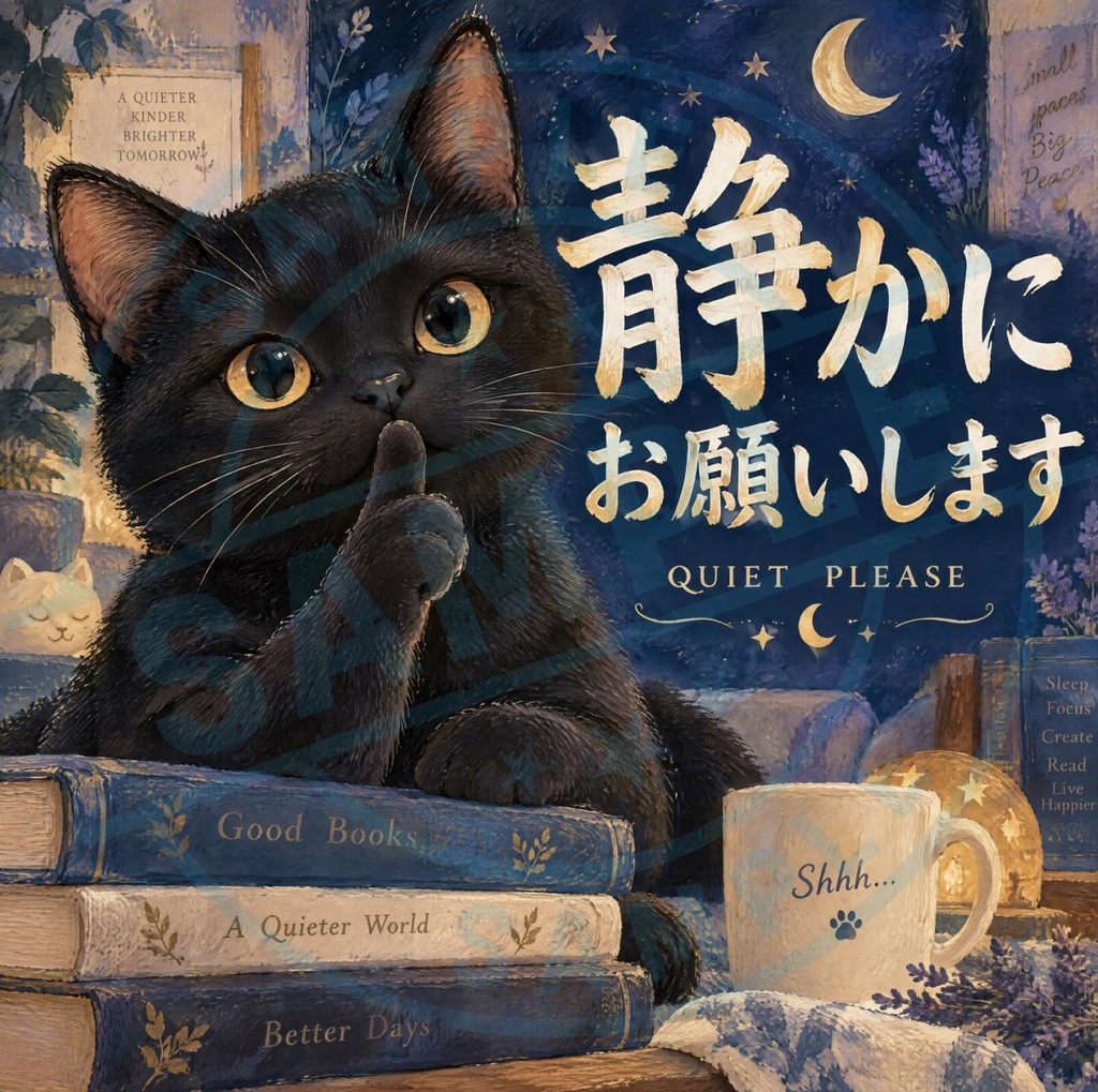 【黒猫 SIGNATURE】静かにお願いします（QUIET PLEASE） 部屋ドア・お静かにマナーステッカー