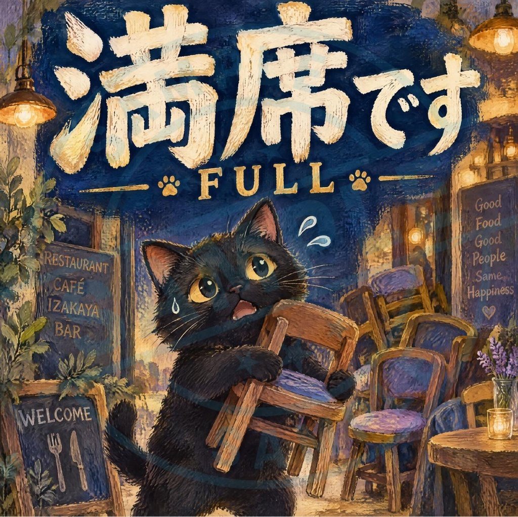 【黒猫 SIGNATURE】満席です（FULL） カフェ・飲食店・店舗用サインステッカー
