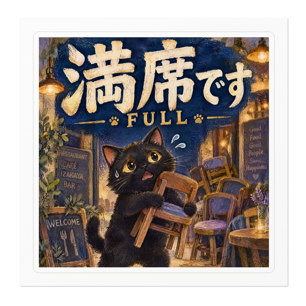 【黒猫 SIGNATURE】満席です(FULL) カフェ・飲食店・店舗用サインステッカー