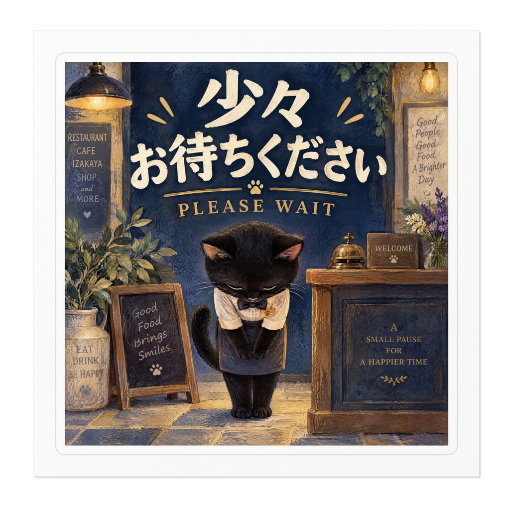 【黒猫 SIGNATURE】少々お待ちください(PLEASE WAIT) カウンター・受付・ウェイティング用サインステッカー