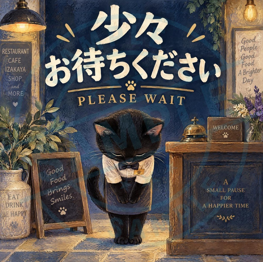 【黒猫 SIGNATURE】少々お待ちください（PLEASE WAIT） カウンター・受付・ウェイティング用サインステッカー