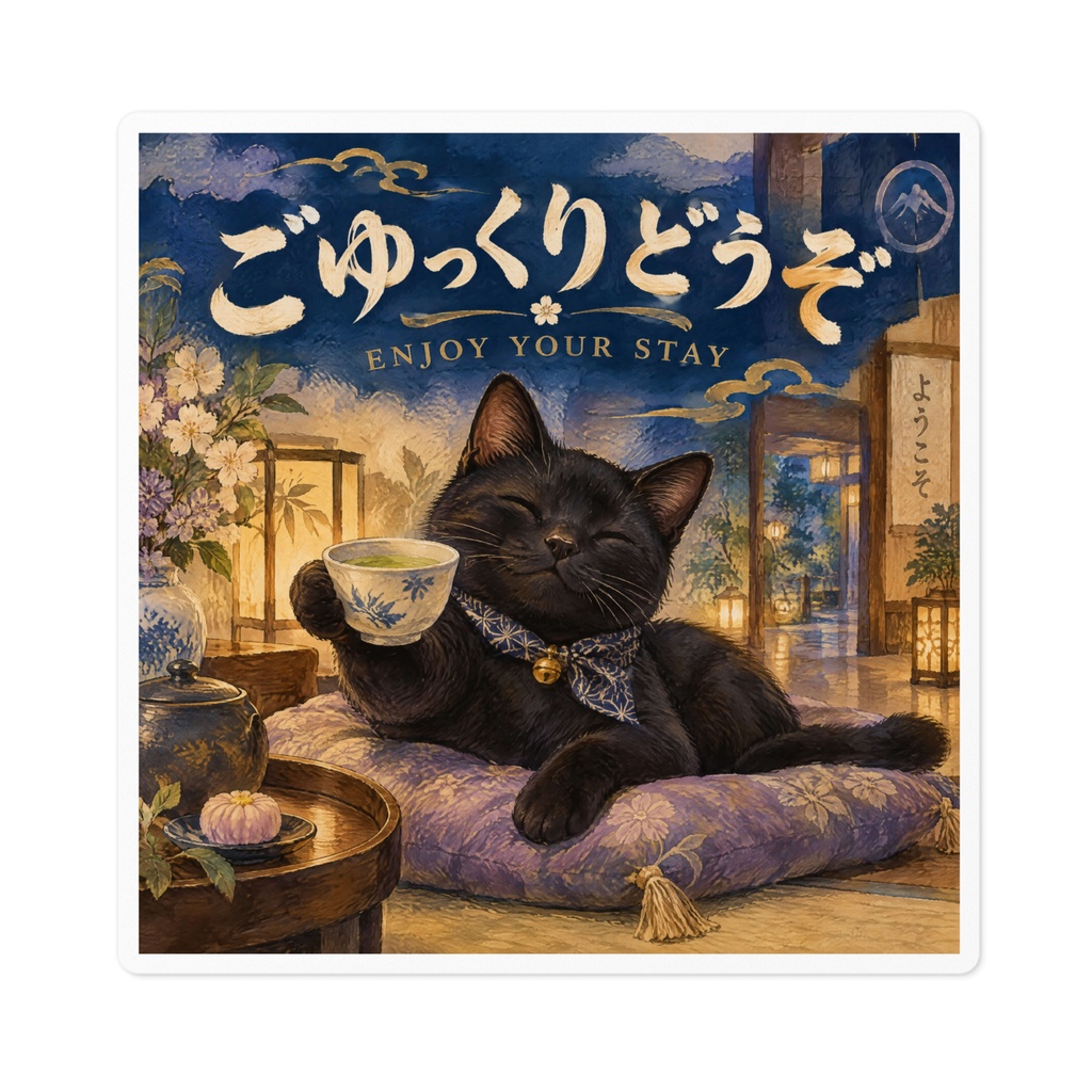 【黒猫 SIGNATURE】ごゆっくりどうぞ(ENJOY YOUR STAY) 旅館・カフェ・客室用サインステッカー