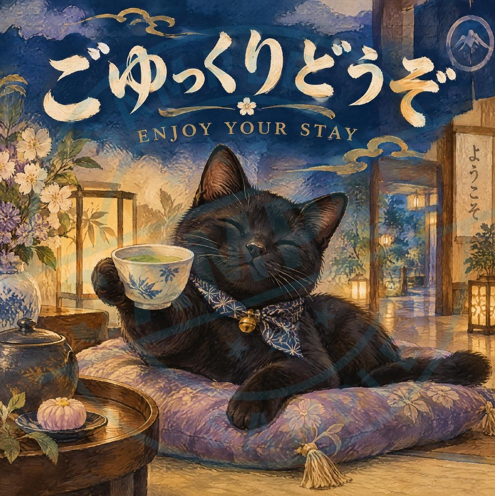 【黒猫 SIGNATURE】ごゆっくりどうぞ（ENJOY YOUR STAY） 旅館・カフェ・客室用サインステッカー