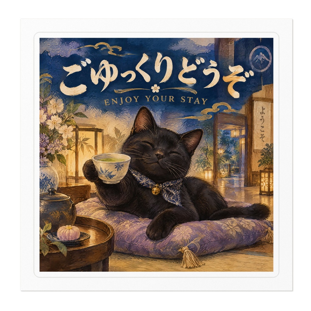 【黒猫 SIGNATURE】ごゆっくりどうぞ(ENJOY YOUR STAY) 旅館・カフェ・客室用サインステッカー