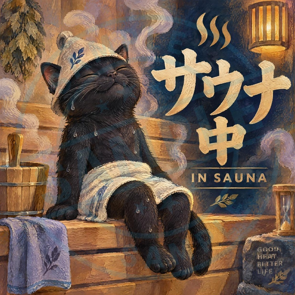 【黒猫 SIGNATURE】サウナ中（IN SAUNA） サウナ・温泉・スパ用マナーステッカー