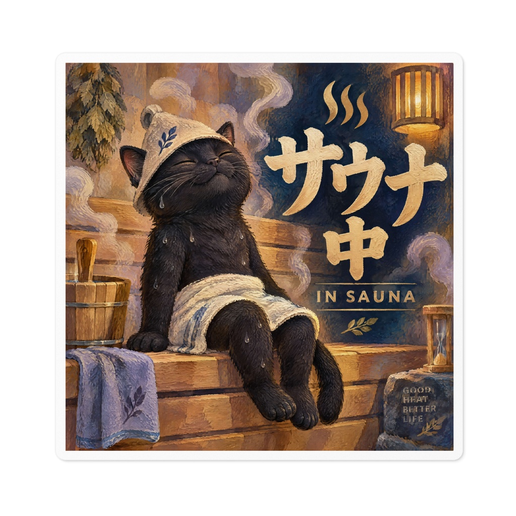 【黒猫 SIGNATURE】サウナ中(IN SAUNA) サウナ・温泉・スパ用マナーステッカー