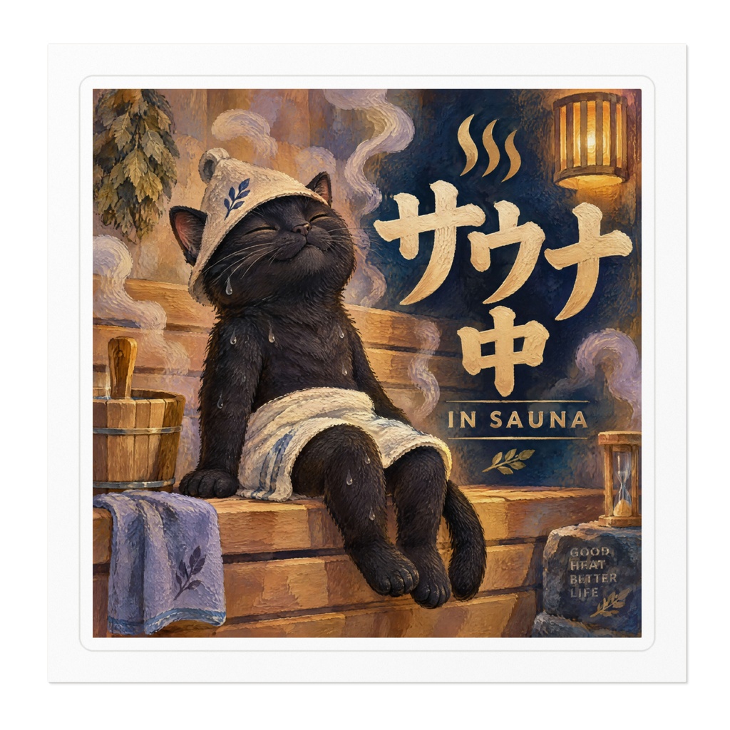 【黒猫 SIGNATURE】サウナ中(IN SAUNA) サウナ・温泉・スパ用マナーステッカー