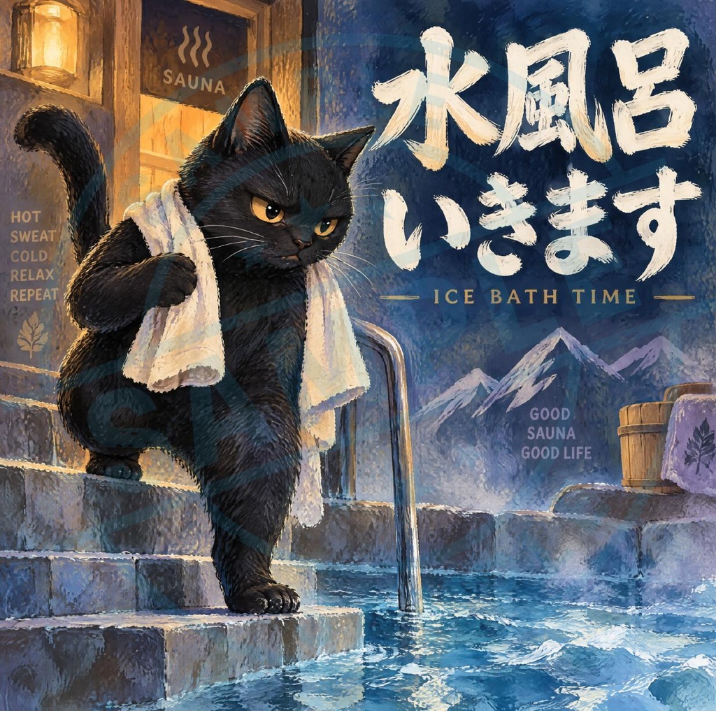 【黒猫 SIGNATURE】水風呂いきます（ICE BATH TIME） サウナ・サ活・水風呂用ステッカー