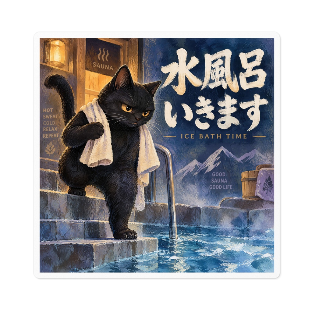 【黒猫 SIGNATURE】水風呂いきます(ICE BATH TIME) サウナ・サ活・水風呂用ステッカー