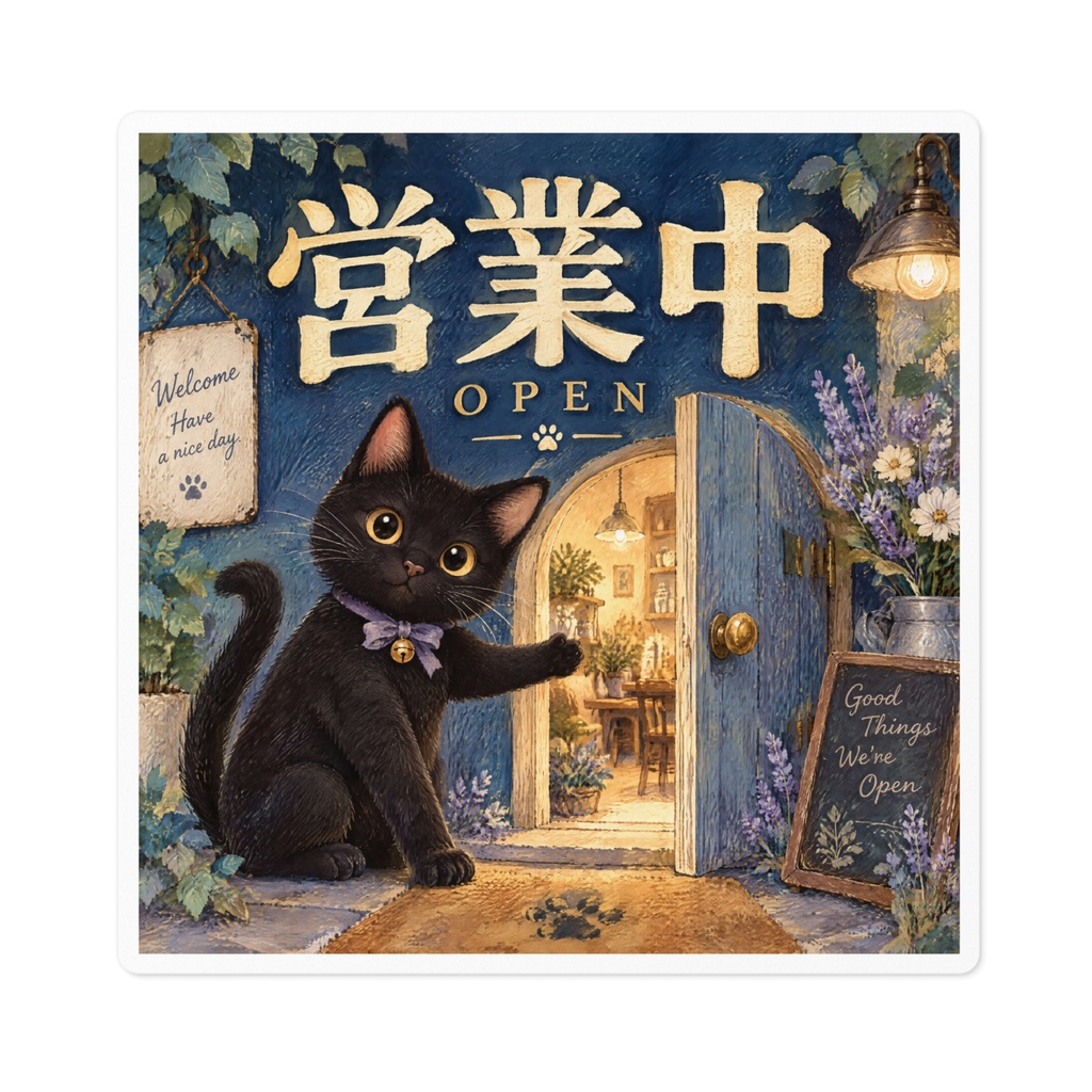 【黒猫 SIGNATURE】営業中(OPEN) カフェ・店舗・サロン用看板ステッカー