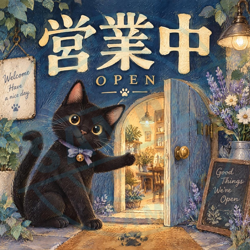 【黒猫 SIGNATURE】営業中（OPEN） カフェ・店舗・サロン用看板ステッカー