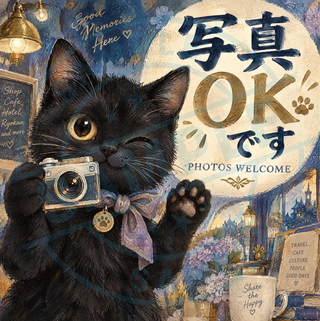 【黒猫 SIGNATURE】写真OKです（PHOTOS WELCOME） カフェ・店舗用撮影案内ステッカー