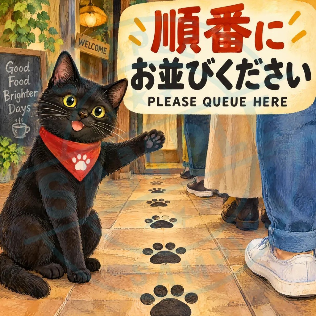 【黒猫 SIGNATURE】順番にお並びください（PLEASE QUEUE HERE） 店舗・整列誘導ステッカー