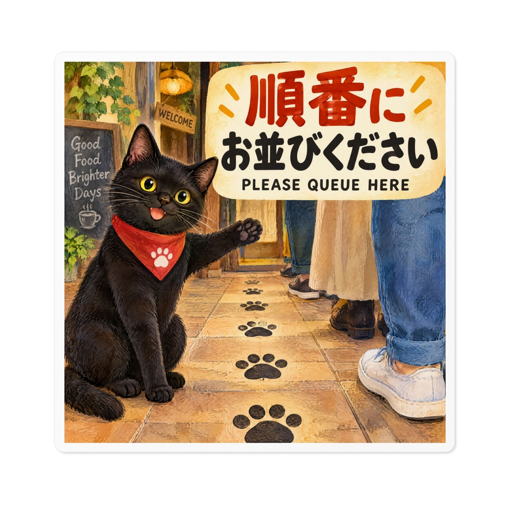 【黒猫 SIGNATURE】順番にお並びください(PLEASE QUEUE HERE) 店舗・整列誘導ステッカー