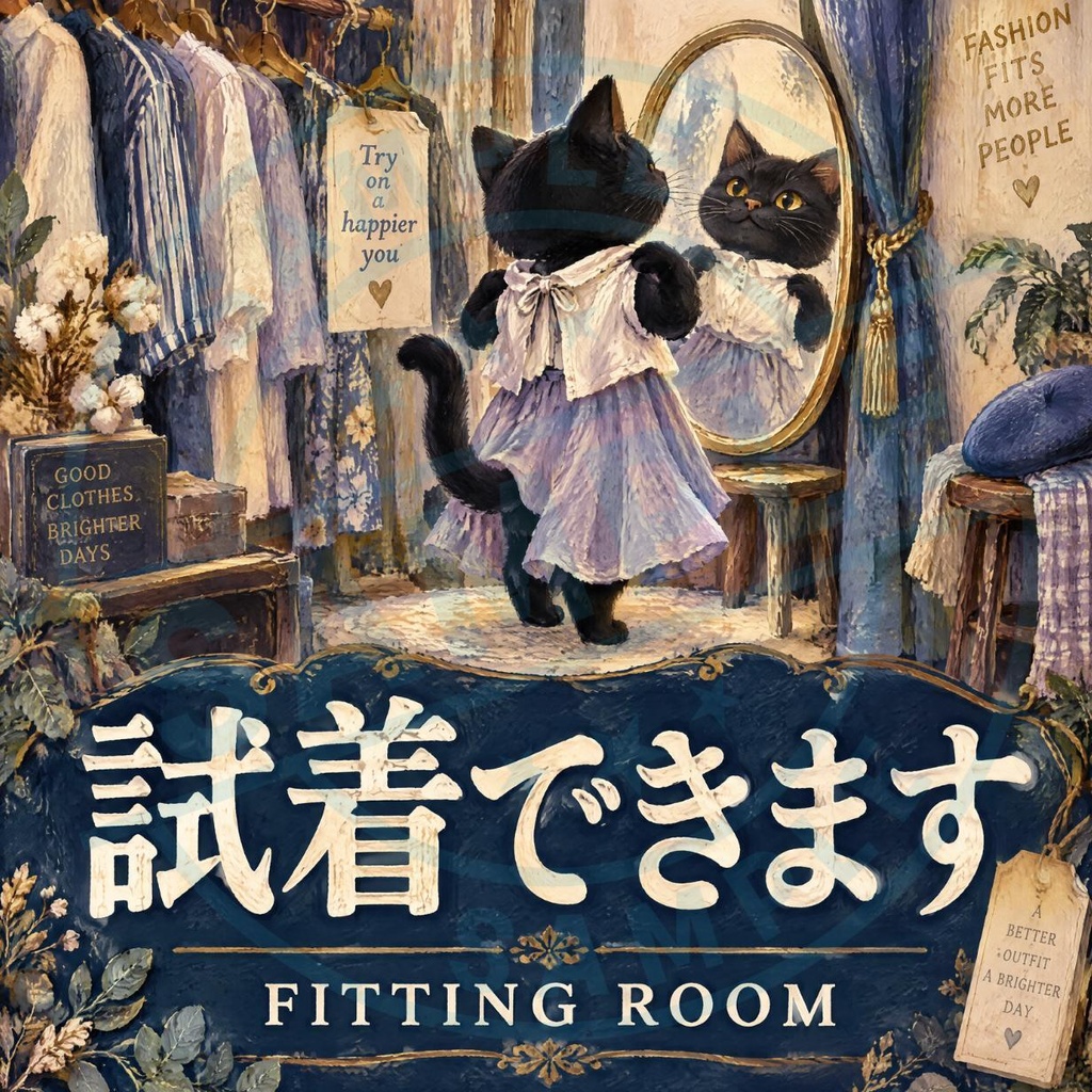 【黒猫 SIGNATURE】試着できます（FITTING ROOM） アパレル・試着室用案内ステッカー