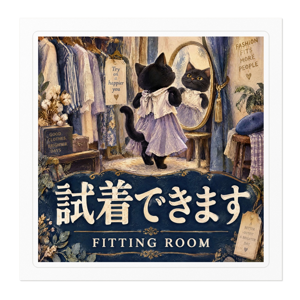 【黒猫 SIGNATURE】試着できます(FITTING ROOM) アパレル・試着室用案内ステッカー
