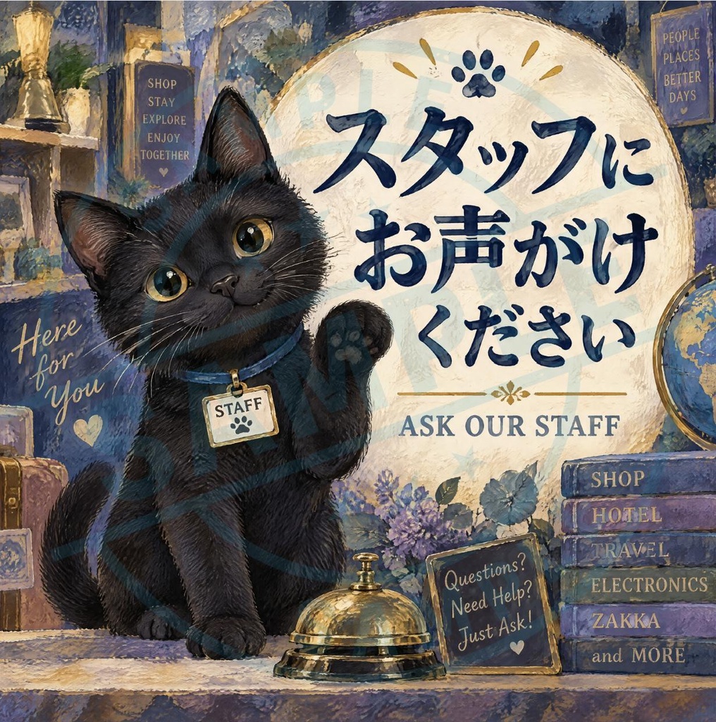【黒猫 SIGNATURE】スタッフにお声がけください（ASK OUR STAFF）店舗・受付用案内ステッカー