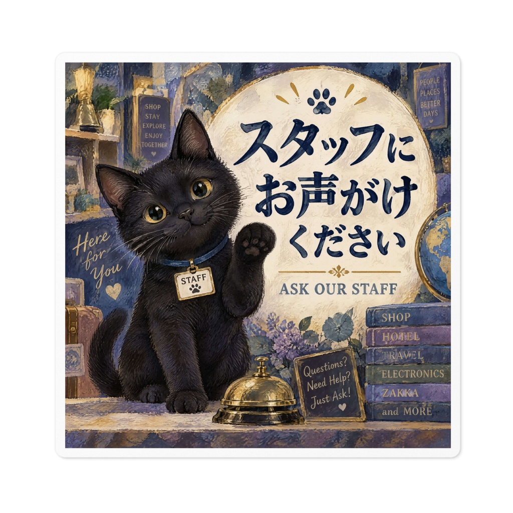 【黒猫 SIGNATURE】スタッフにお声がけください(ASK OUR STAFF)店舗・受付用案内ステッカー
