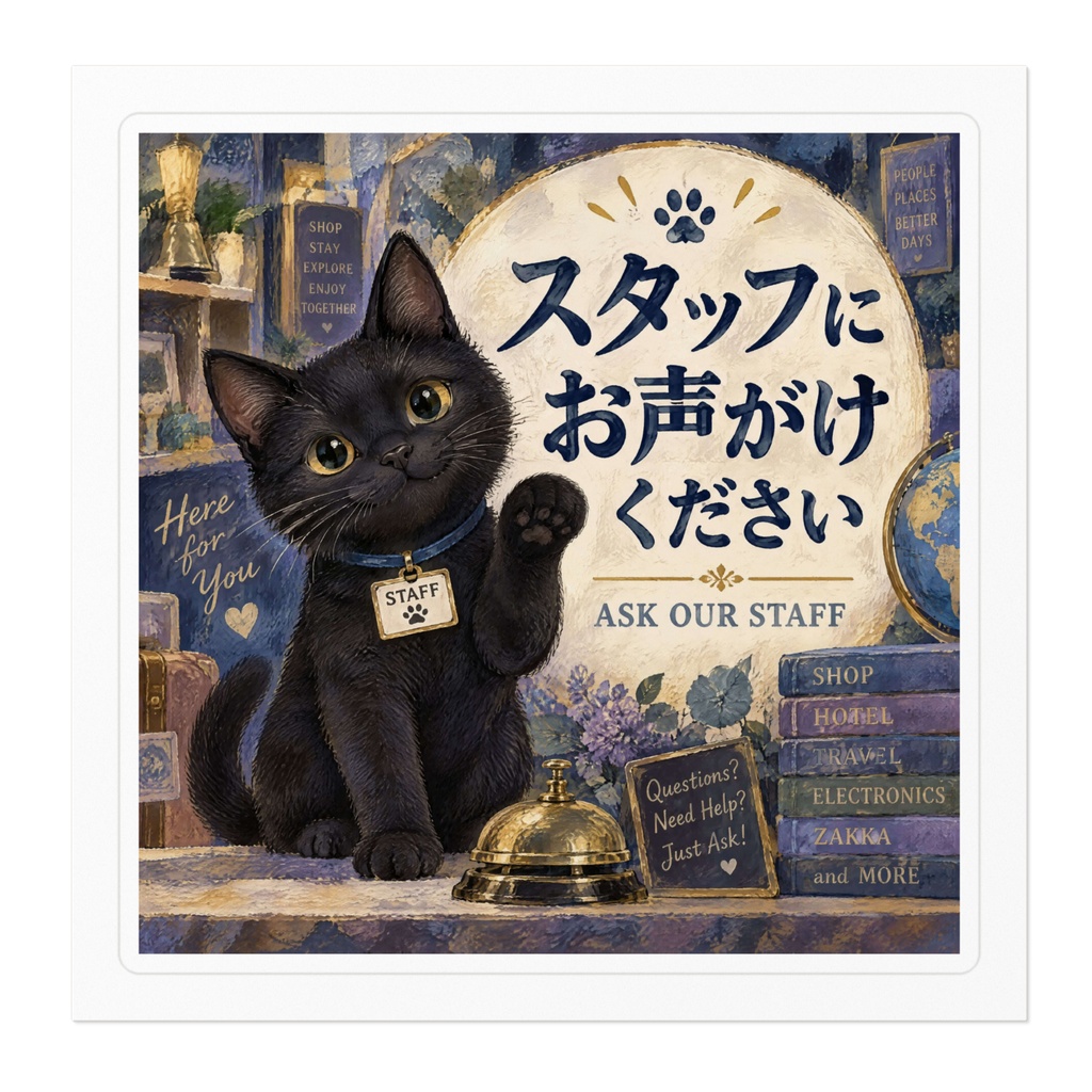 【黒猫 SIGNATURE】スタッフにお声がけください(ASK OUR STAFF)店舗・受付用案内ステッカー