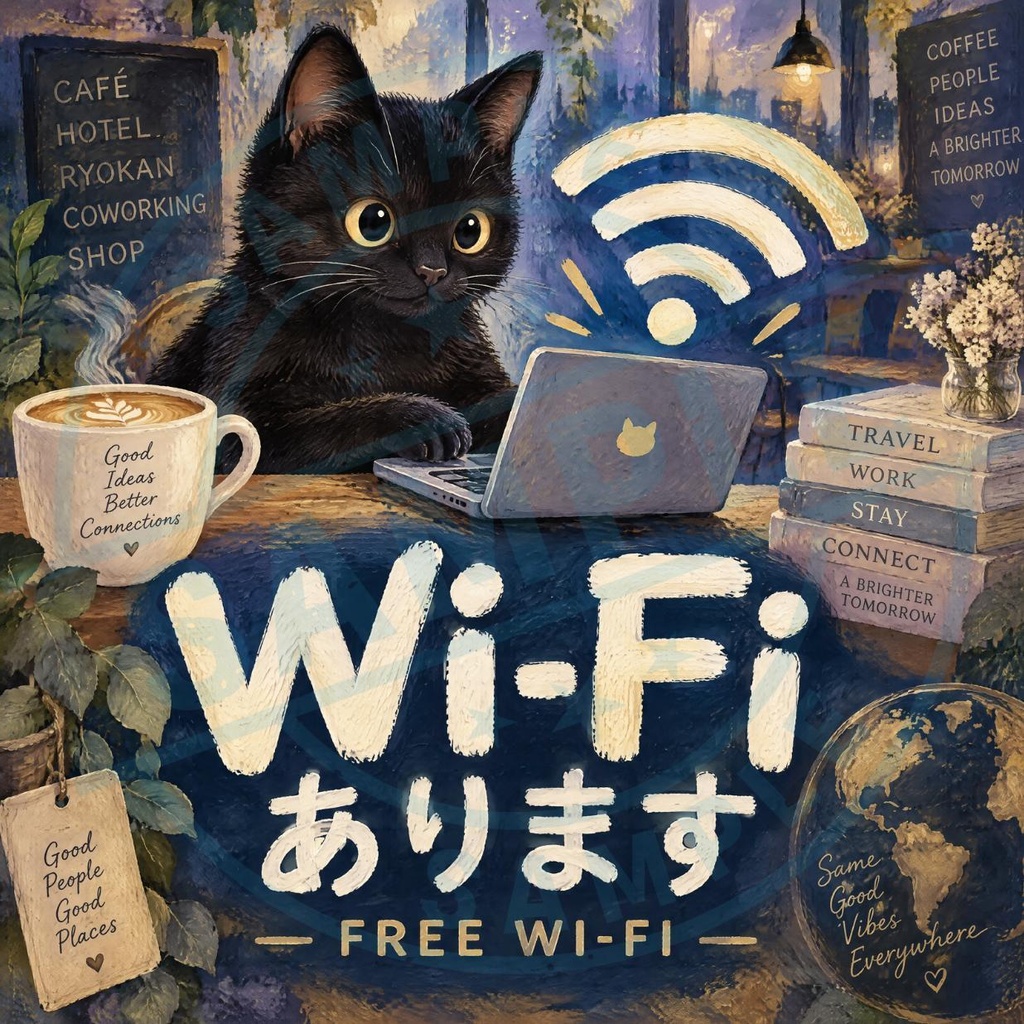 【黒猫 SIGNATURE】Wi-Fiあります（FREE WI-FI） カフェ・コワーキング用案内ステッカー