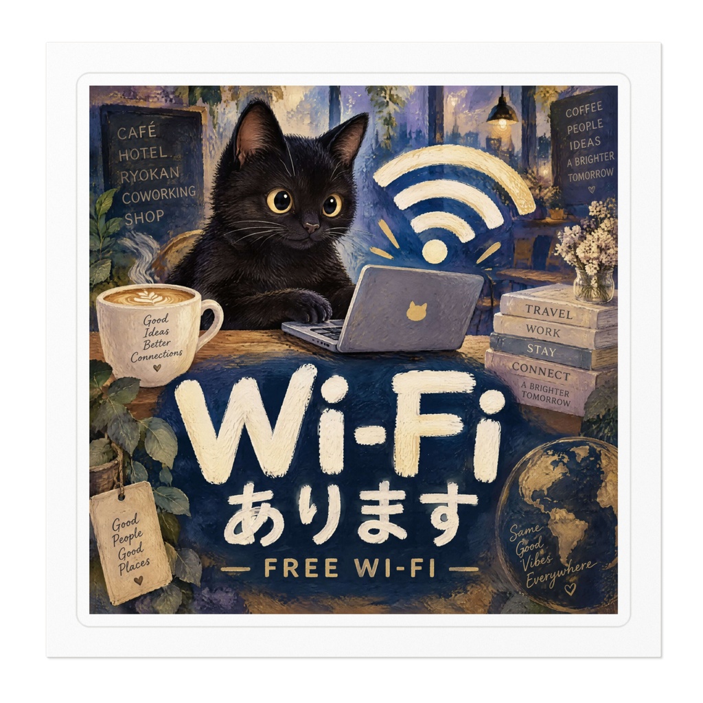 【黒猫 SIGNATURE】Wi-Fiあります(FREE WI-FI) カフェ・コワーキング用案内ステッカー