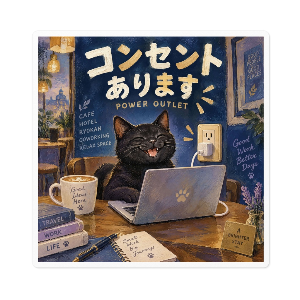 【黒猫 SIGNATURE】コンセントあります(POWER OUTLET) カフェ・電源席用案内ステッカー