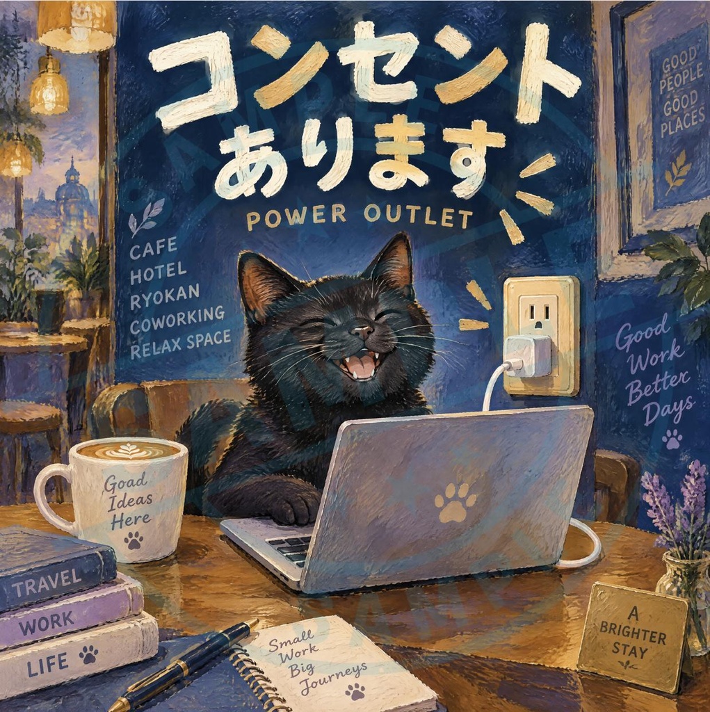 【黒猫 SIGNATURE】コンセントあります（POWER OUTLET） カフェ・電源席用案内ステッカー