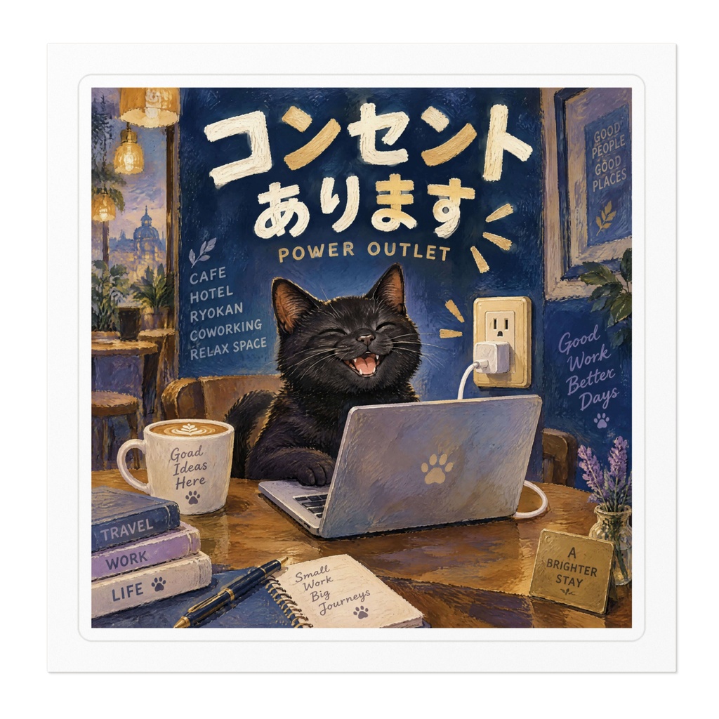 【黒猫 SIGNATURE】コンセントあります(POWER OUTLET) カフェ・電源席用案内ステッカー