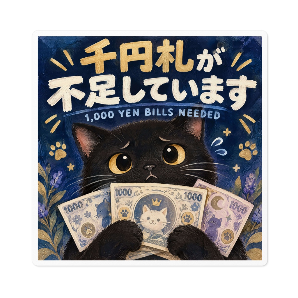 【黒猫 SIGNATURE】千円札が不足しています(1,000 YEN BILLS NEEDED) 店舗・レジ用お願いステッカー