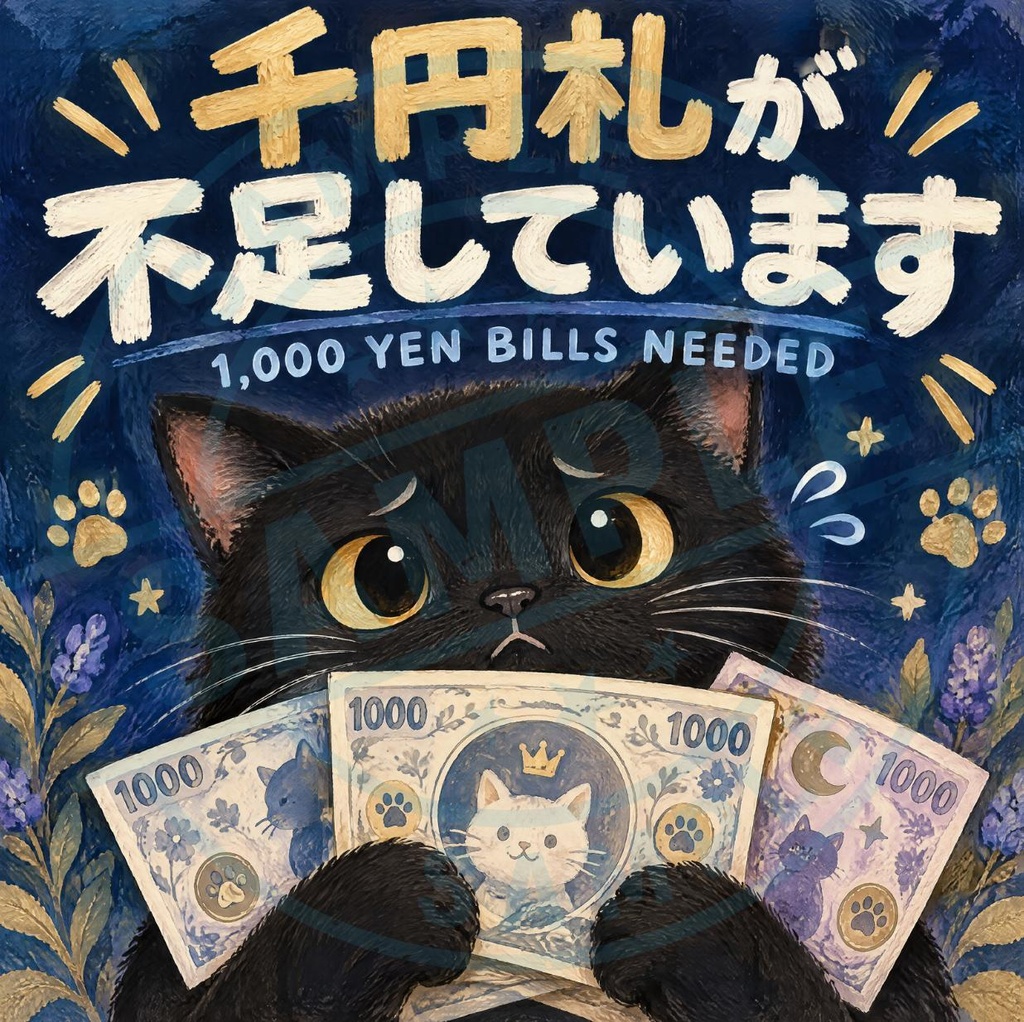 【黒猫 SIGNATURE】千円札が不足しています(1,000 YEN BILLS NEEDED) 店舗・レジ用お願いステッカー