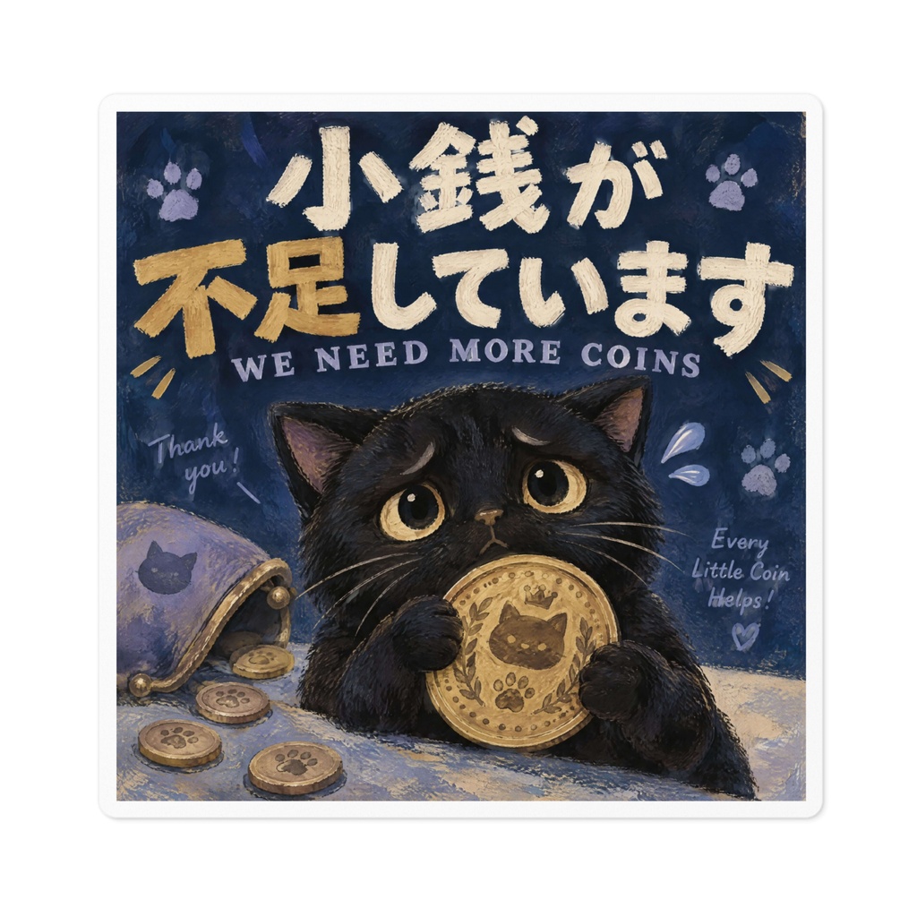 【黒猫 SIGNATURE】小銭が不足しています(WE NEED MORE COINS) 店舗・レジ用お願いステッカー