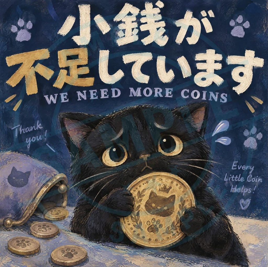 【黒猫 SIGNATURE】小銭が不足しています（WE NEED MORE COINS） 店舗・レジ用お願いステッカー