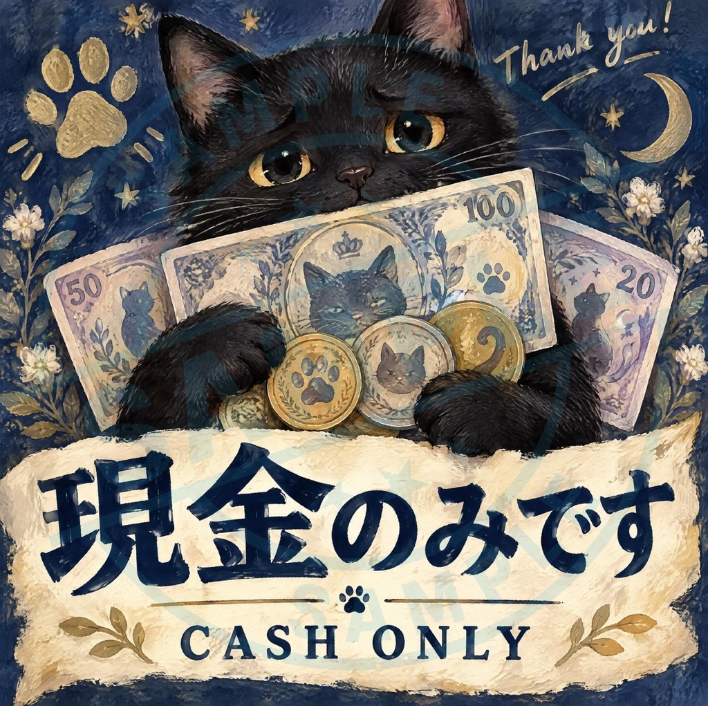 【黒猫 SIGNATURE】現金のみです（CASH ONLY） 店舗・レジ用案内ステッカー