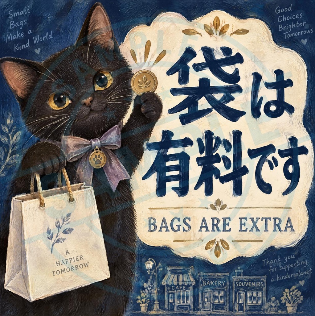 【黒猫 SIGNATURE】袋は有料です(BAGS ARE EXTRA) 店舗・レジ用案内ステッカー