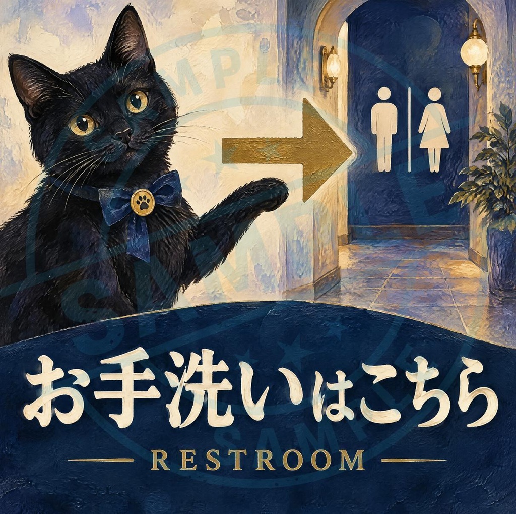 【黒猫 SIGNATURE】お手洗いはこちら（RESTROOM） 矢印付き・トイレ案内ステッカー