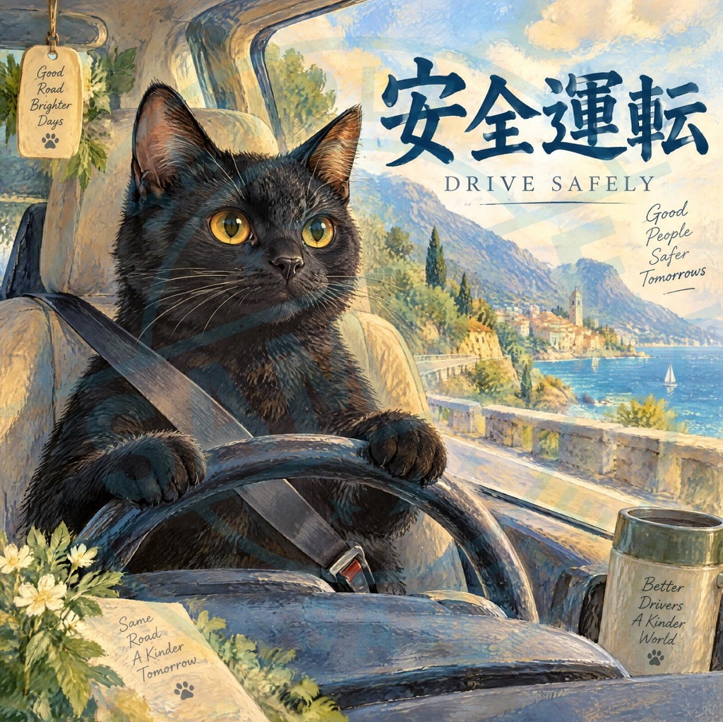 【黒猫 SIGNATURE】安全運転（DRIVE SAFELY） 車・リアガラス用カーステッカー