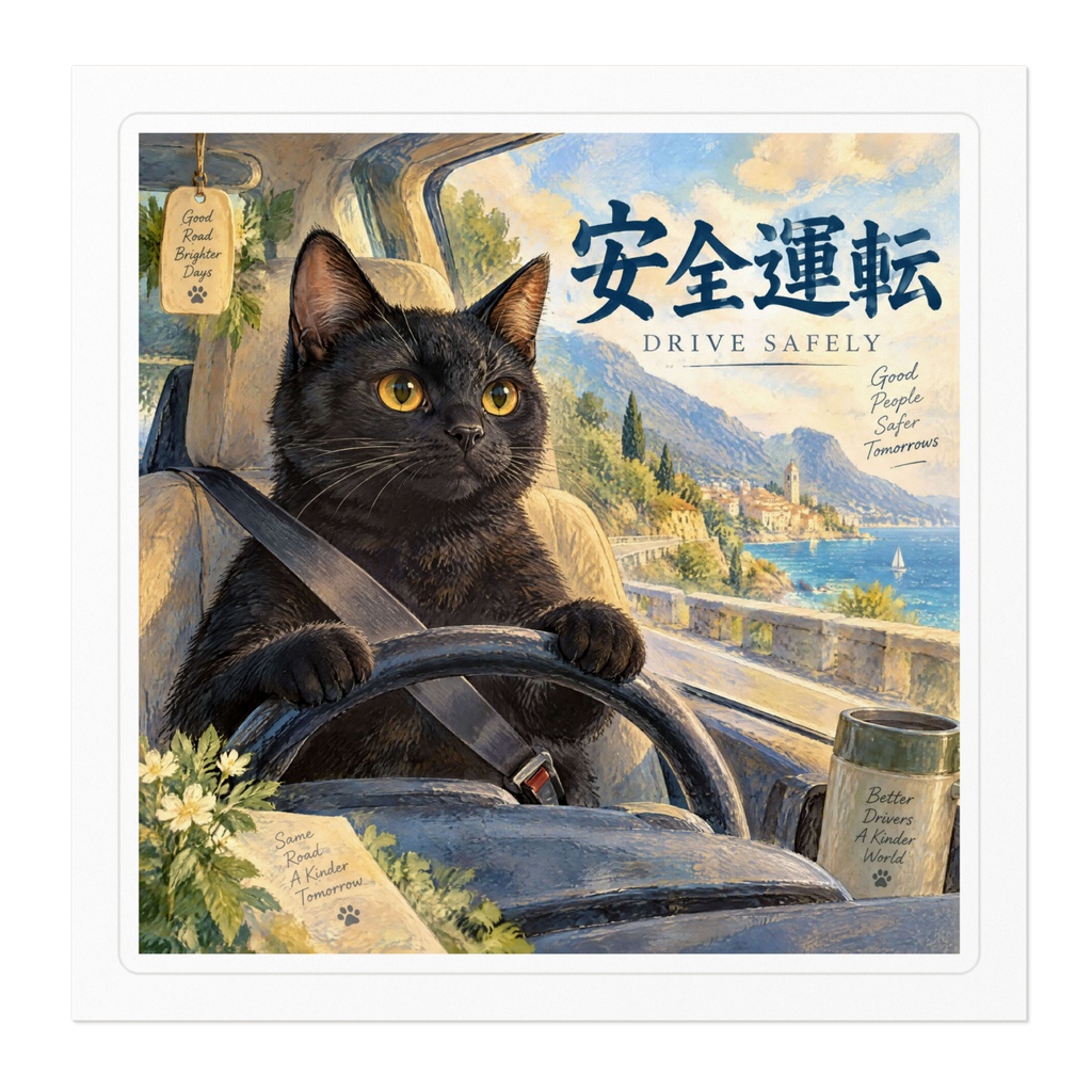 【黒猫 SIGNATURE】安全運転(DRIVE SAFELY) 車・リアガラス用カーステッカー