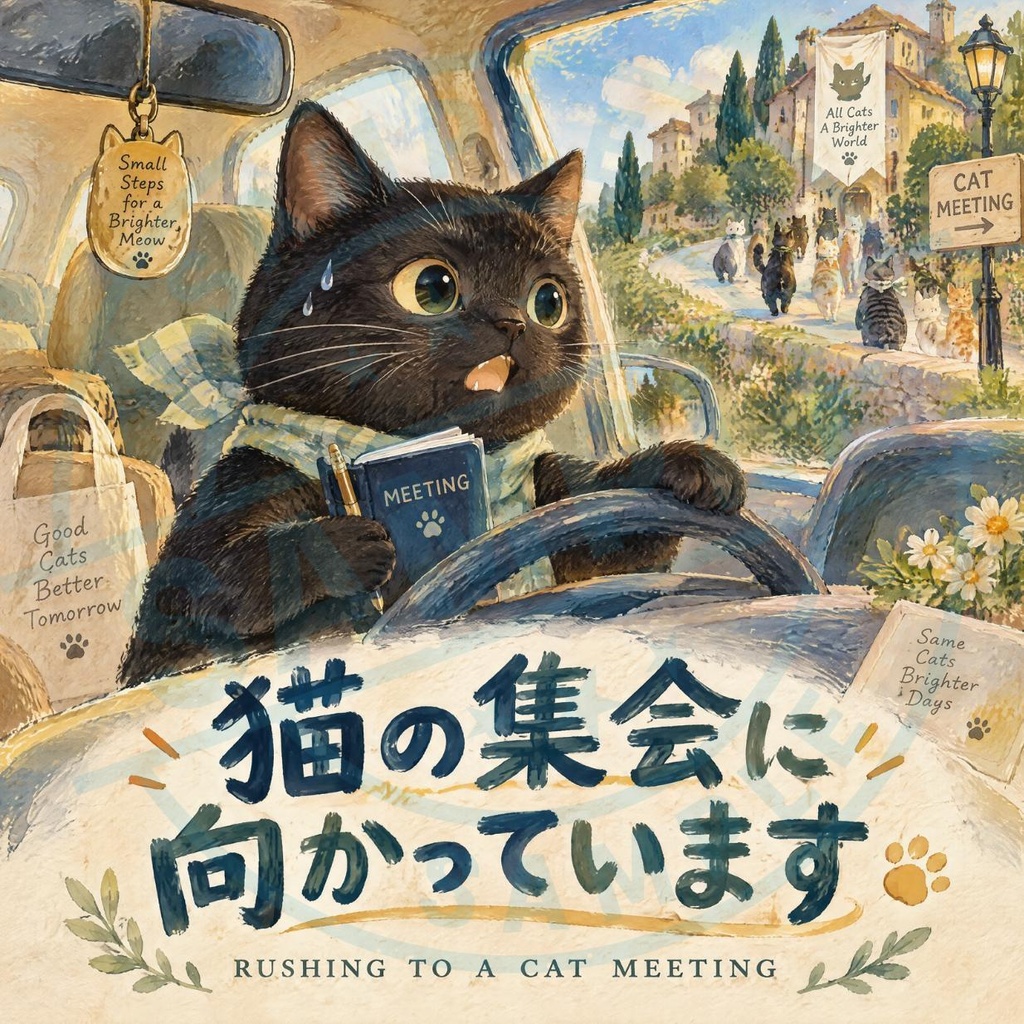 【黒猫 SIGNATURE】猫の集会に向かっています（RUSHING TO A CAT MEETING） 車・リアガラス用カーステッカー