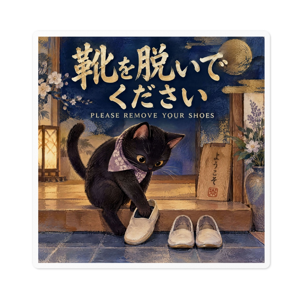 【黒猫 SIGNATURE】靴を脱いでください(PLEASE REMOVE YOUR SHOES) 旅館・民泊用土足禁止ステッカー
