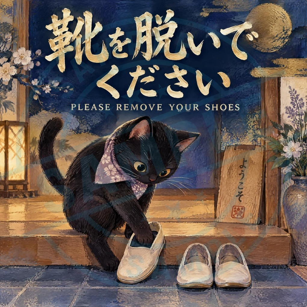 【黒猫 SIGNATURE】靴を脱いでください(PLEASE REMOVE YOUR SHOES) 旅館・民泊用土足禁止ステッカー