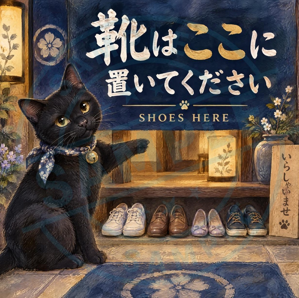 【黒猫 SIGNATURE】靴はここに置いてください（SHOES HERE） 旅館・お座敷用下足ステッカー