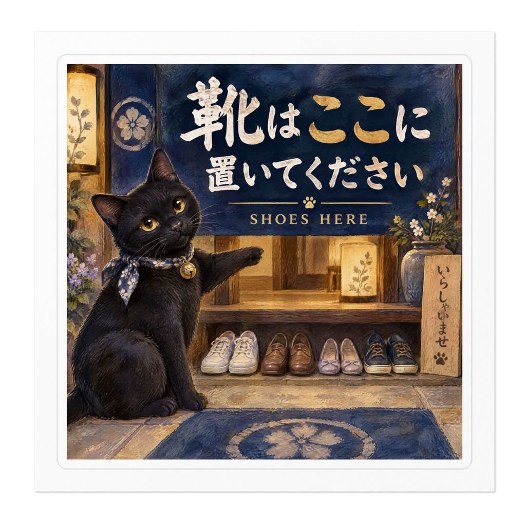 【黒猫 SIGNATURE】靴はここに置いてください(SHOES HERE) 旅館・お座敷用下足ステッカー