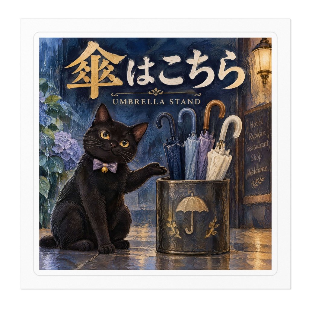 【黒猫 SIGNATURE】傘はこちら(UMBRELLA STAND) 店舗・玄関用傘立てステッカー